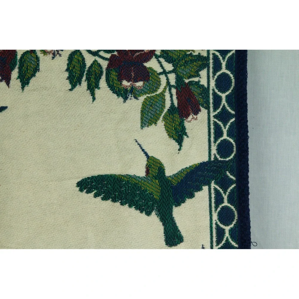 Vintage Woven Hummingbird Tapestry Wall Hanging Floral Nature Decor Cream Blue